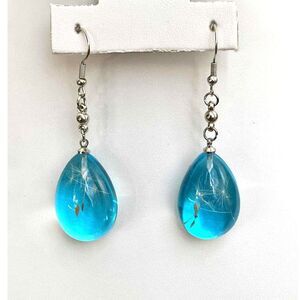 Blue Teardrop Dandelion Seed Resin Drop Earrings – Nature Jewelry”